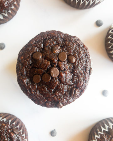 double chocolate banana oatmeal muffins on a table
