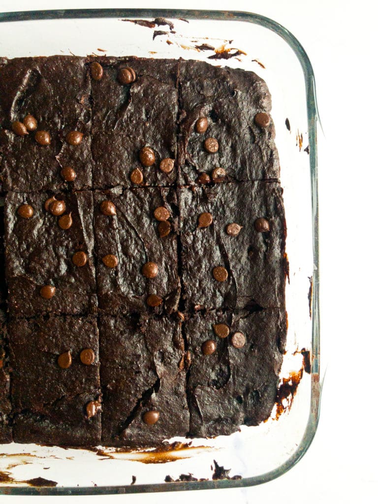 avocado brownies after baking in a casserole dish