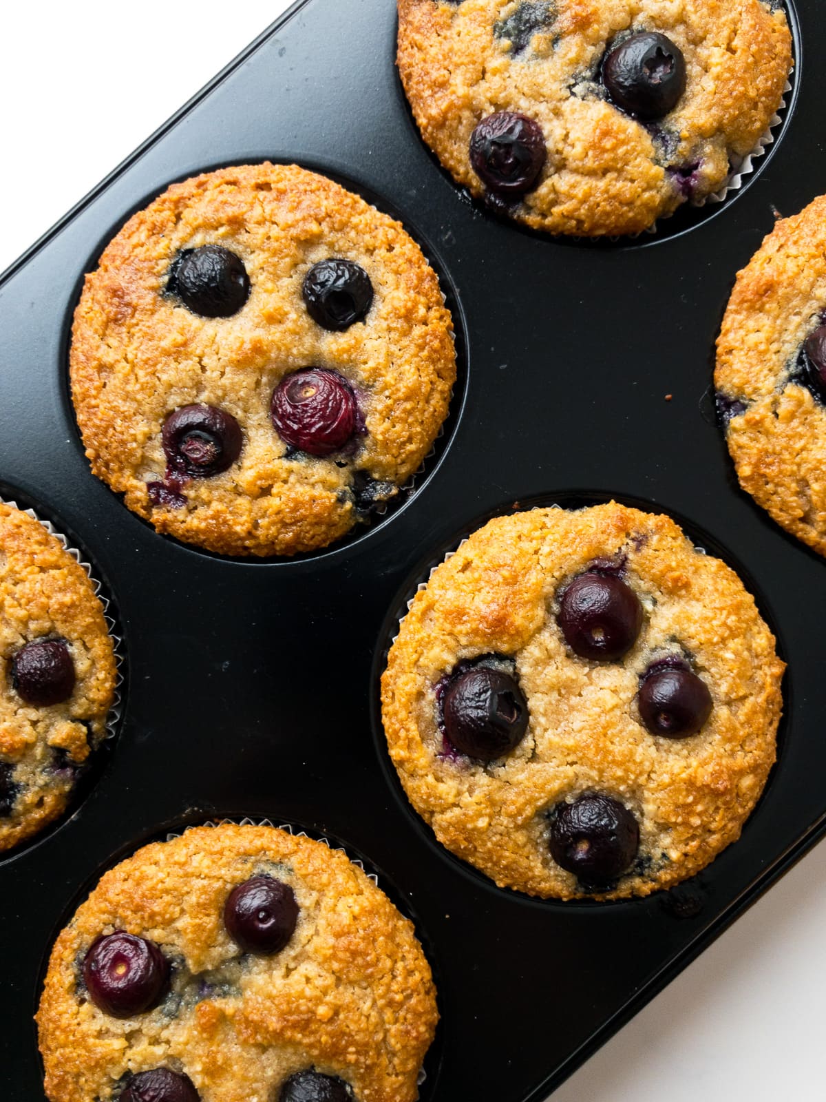 almond flour blueberry muffins in a muffin tin