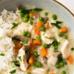 chicken fricassee with rice in a bowl
