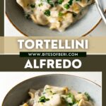 two pictures of tortellini alfredo in a bowl with a fork