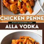 two pictures of penne alla vodka with chicken in a bowl