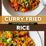 two pictures of curry fried rice in a bowl