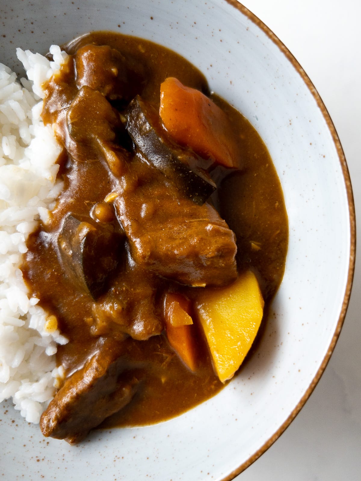 Japanese beef curry and white rice in a bowl