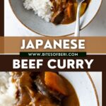 two pictures of japanese beef curry and rice in a bowl with a spoon