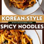 two pictures of korean-style spicy noodles in a bowl