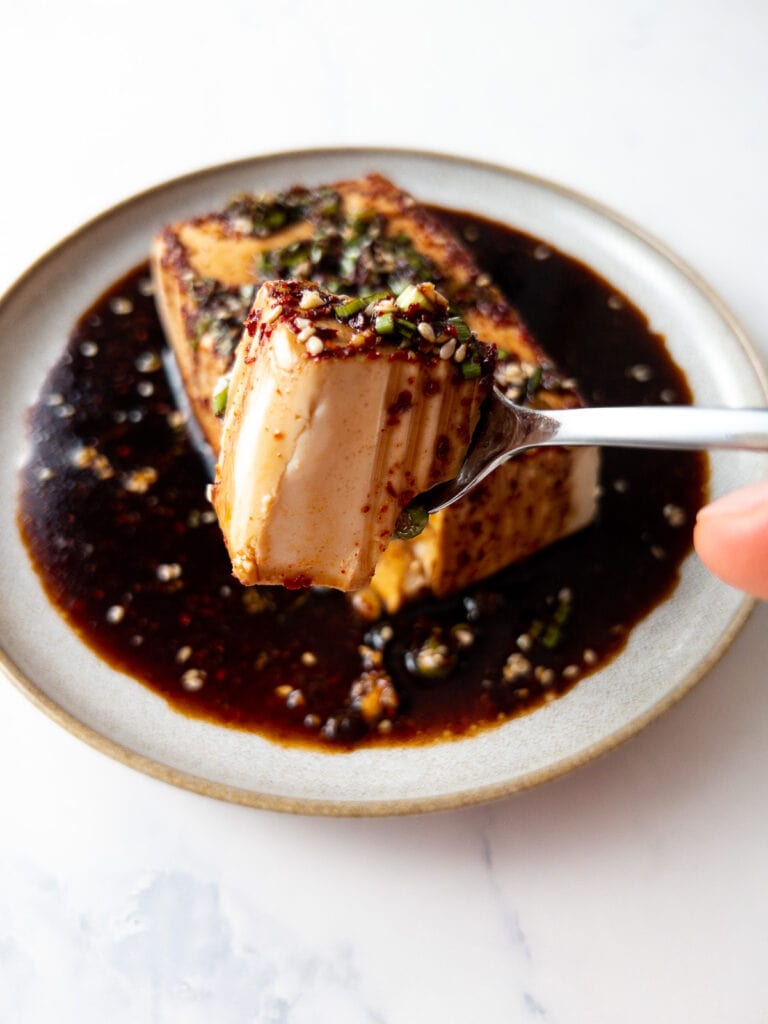 a piece of silken tofu covered in a garlic soy sauce on a spoon