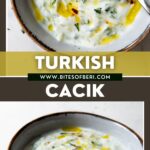 two pictures of Turkish cacik in a bowl