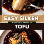 two pictures of silken tofu with sweet chili soy sauce on a plate