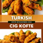 two pictures of turkish cig kofte on a plate with lettuce leaves