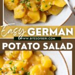 two pictures of german potato salad in a bowl garnished with fresh chives