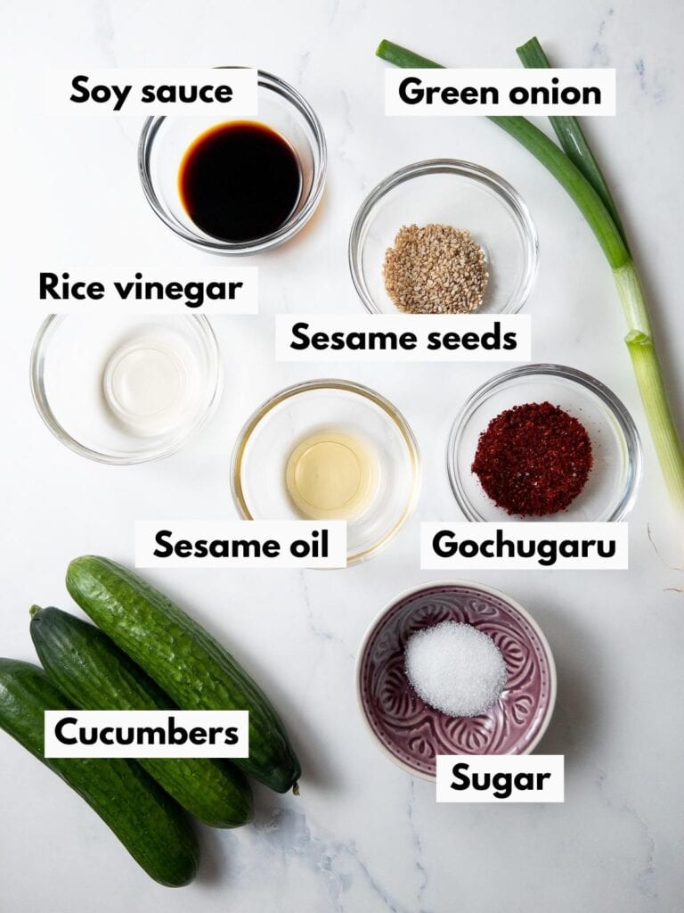 all ingredients for cucumber kimchi (oi muchim) on a table