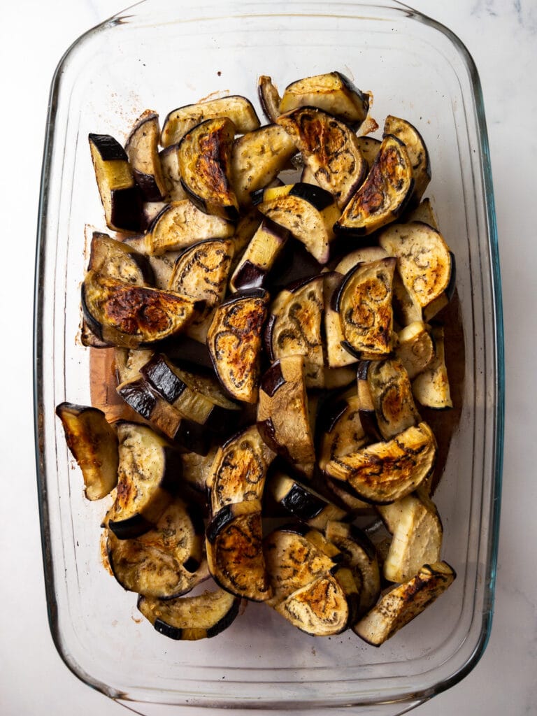 roasted eggplant in a baking dish