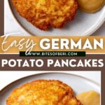 two pictures of two german potato pancakes (kartoffelpuffer) on a plate with some applesauce