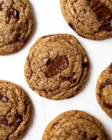 six chocolate chip espresso cookies on a table