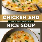 two pictures of chicken and rice soup in a bowl with a spoon
