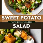 two pictures of sweet potato salad garnished with feta cheese in a bowl