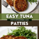 two pictures of two tuna patties on a plate with some arugula and a fork