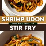 two pictures of shrimp udon stir fry noodles in a bowl