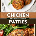 two pictures of two chicken patties with a side salad on a plate