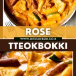 two pictures of rose tteokbokki in a pan