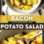 two pictures of bacon potato salad garnished with chopped parsley in a bowl on a table with spoons, a tablecloth, and fresh parsley on the same table