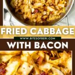 two pictures of fried cabbage with bacon and onions in a pan