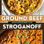 two pictures of ground beef stroganoff in a pan