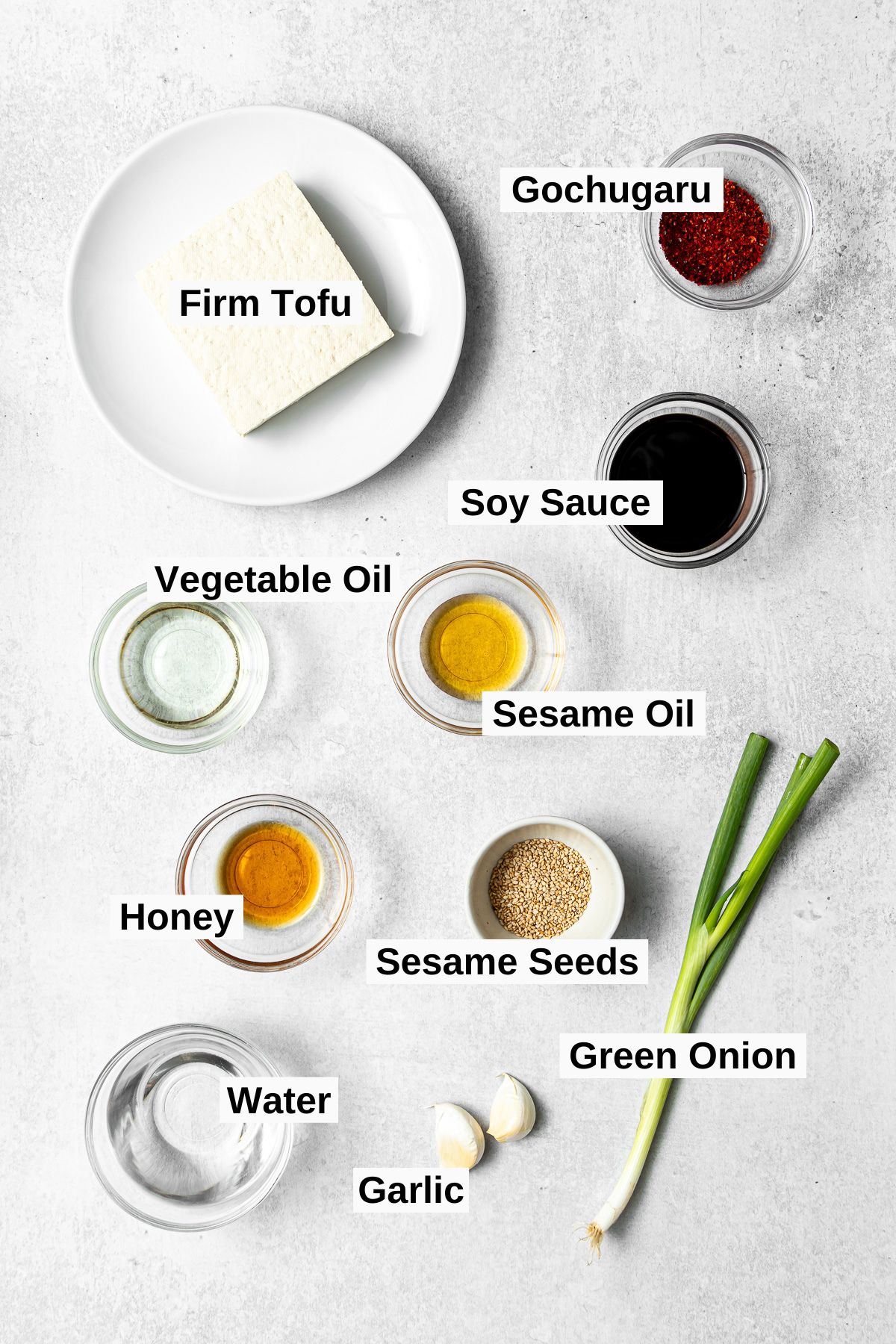 all ingredients for korean braised tofu (dubu jorim) on a table