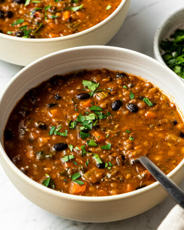 black bean and lentil soup garnished with chopped parsley in a bowl with a spoon