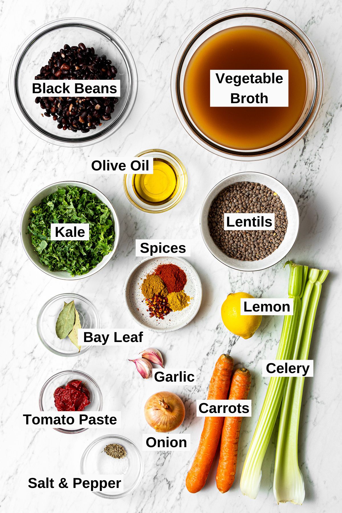 all ingredients for black bean and lentil soup on a table
