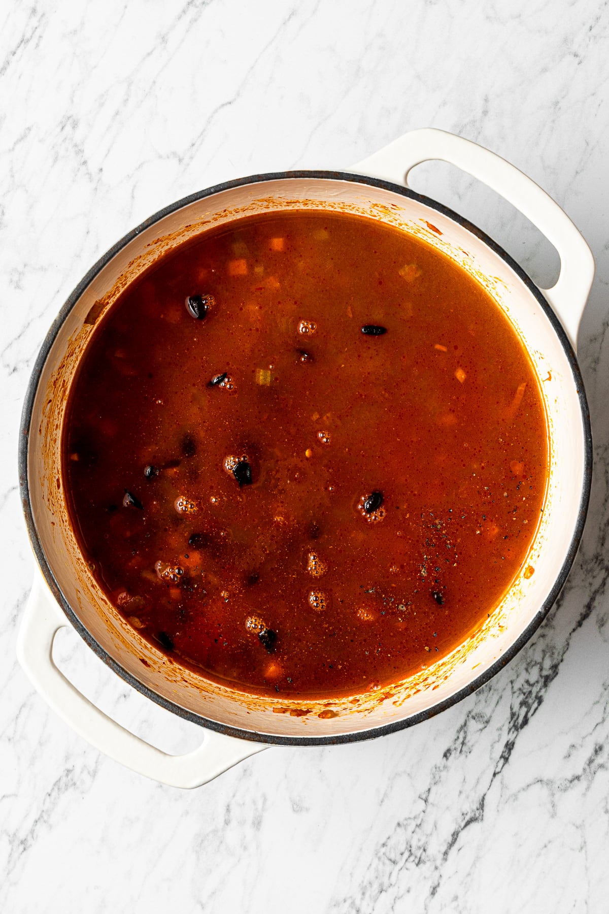 black bean and lentil soup without kale in a pot
