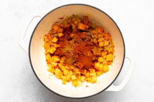 all sautéed aromatics and vegetables with all spices in a pot