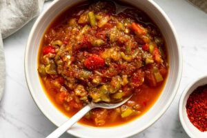 patlican salatasi (Turkish eggplant salad) in a bowl with a spoon