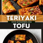 teriyaki tofu garnished with sesame seeds and green onion slices in a pan