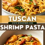 tuscan shrimp pasta garnished with fresh basil and grated parmesan cheese in a pan