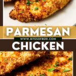 two air fryer parmesan crusted chicken cutlets on a plate garnished with chopped parsley