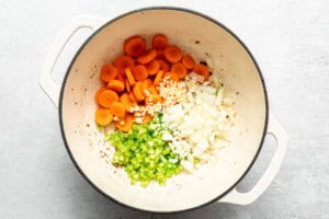 aromatics for hamburger stew in a pot