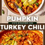 white bean pumpkin turkey chili in a bowl garnished with sour cream, cilantro, avocado, and shredded cheese with a spoon