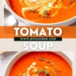 a bowl of creamy roasted red pepper and tomato soup garnished with cream and fresh thyme