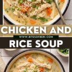 chicken and rice soup in a bowl garnished with chopped parsley and red pepper flakes with a spoon