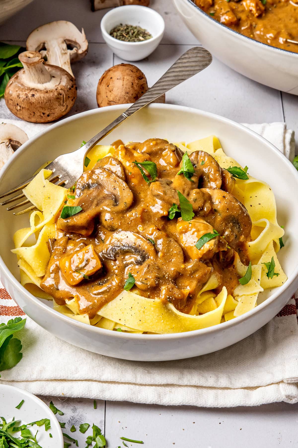 chicken stroganoff served over egg noodles in a bowl with a fork