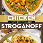 chicken stroganoff in a large pan garnished with chopped parsley