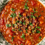 tomato lentil soup in a bowl garnished with chopped parsley