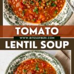 tomato lentil soup in a bowl garnished with chopped parsley