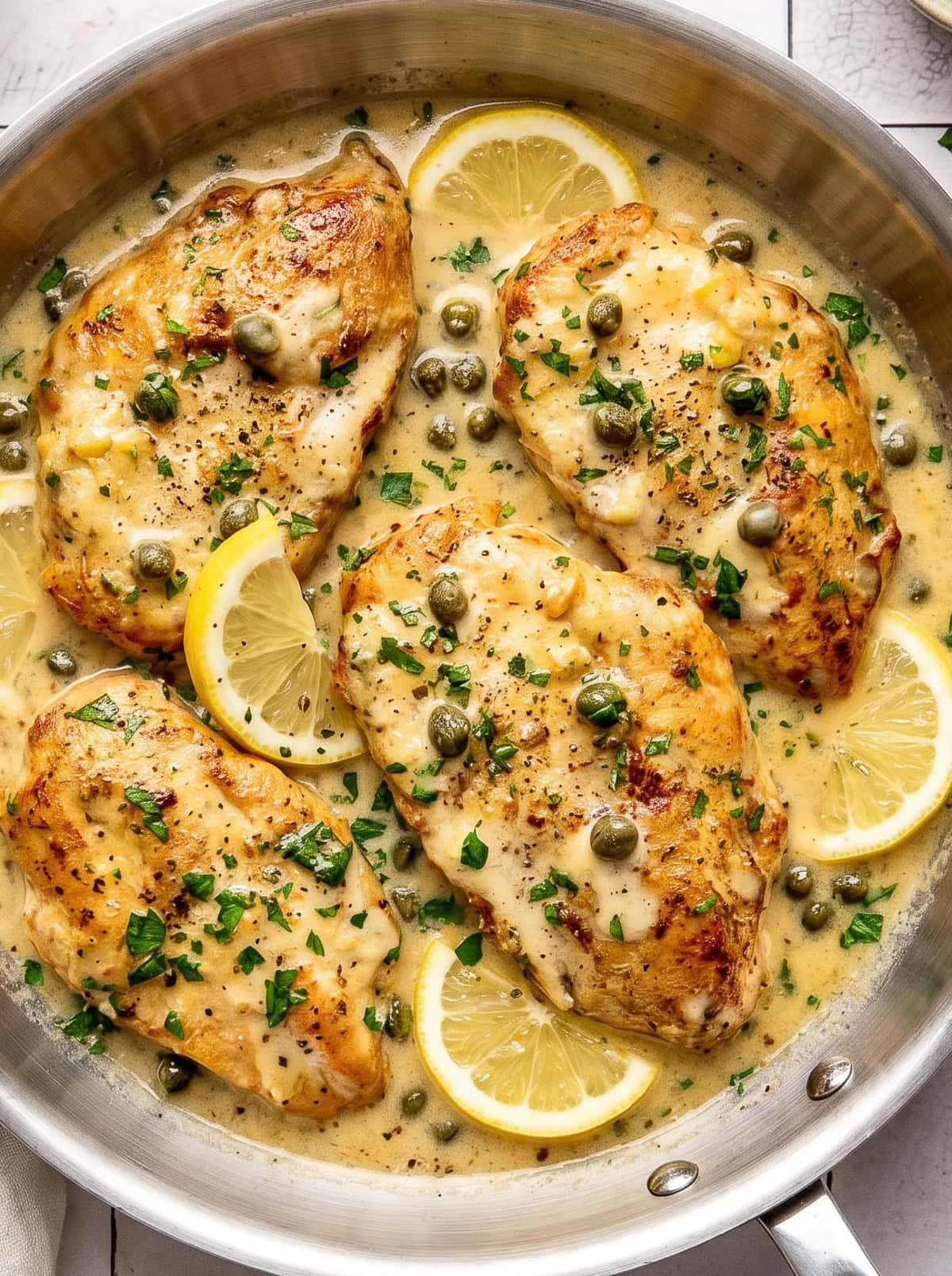 chicken piccata in a pan garnished with chopped parsley