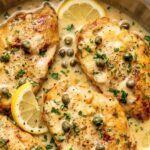 chicken piccata in a pan garnished with chopped parsley