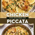 chicken piccata in a pan garnished with chopped parsley