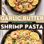 garlic butter shrimp pasta in a pan garnished with chopped parsley and red pepper flakes