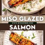 miso glazed salmon served over rice in a bowl with a fork